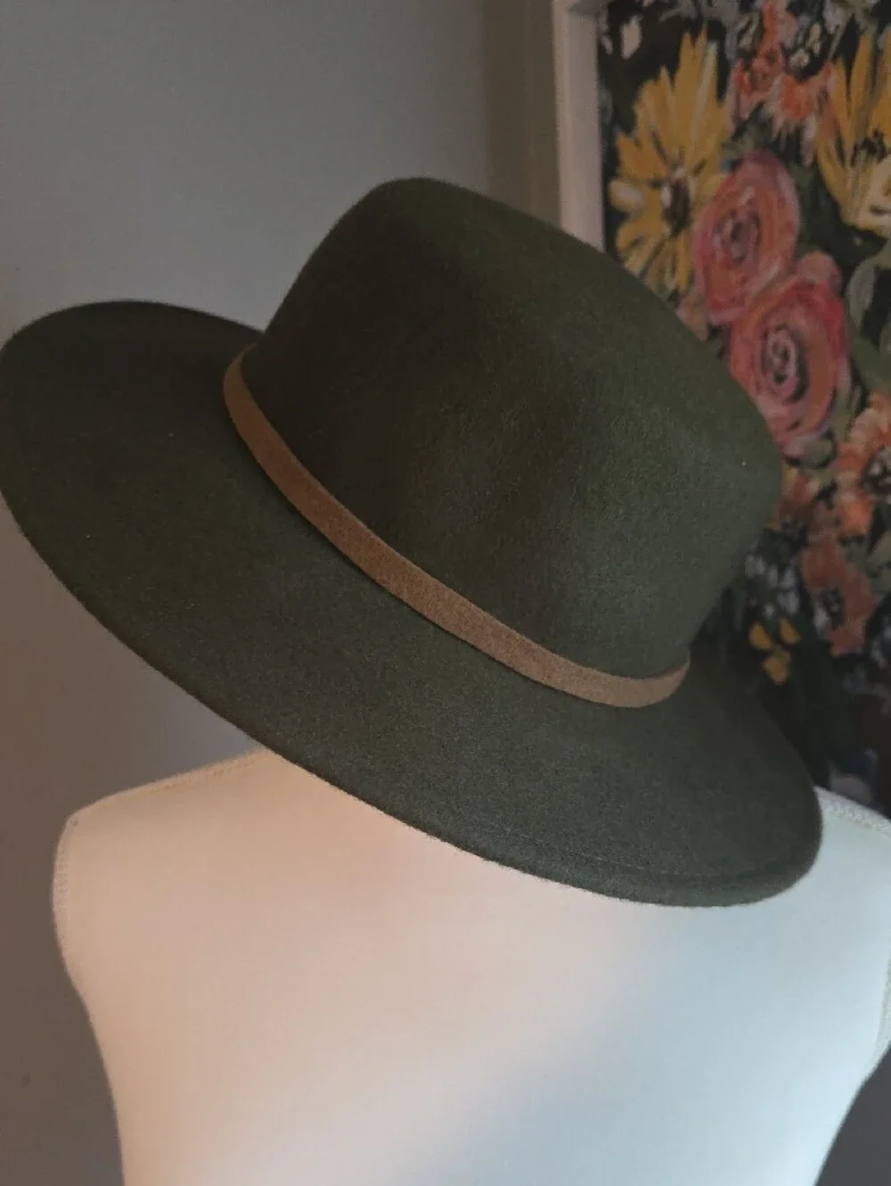 Olive Green 100% Wool Hat with Brown Trim